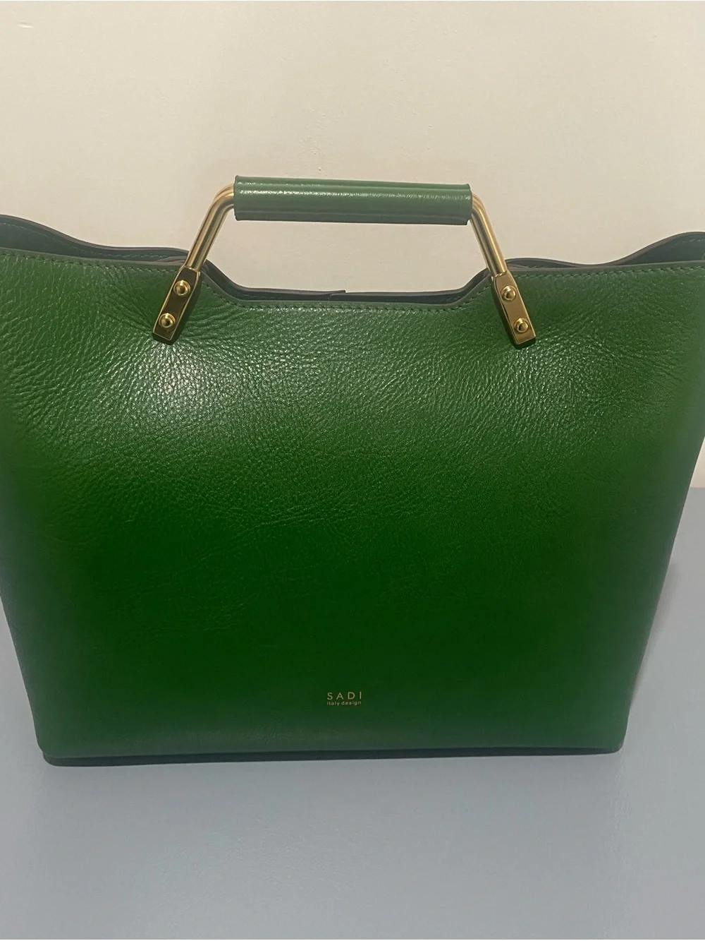 Green Leather Tote with Gold Handle and Strap